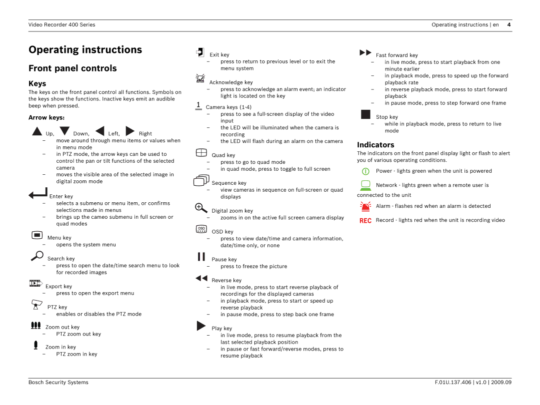 Bosch Appliances 400 manual Operating instructions, Front panel controls, Keys, Indicators, Arrow keys 