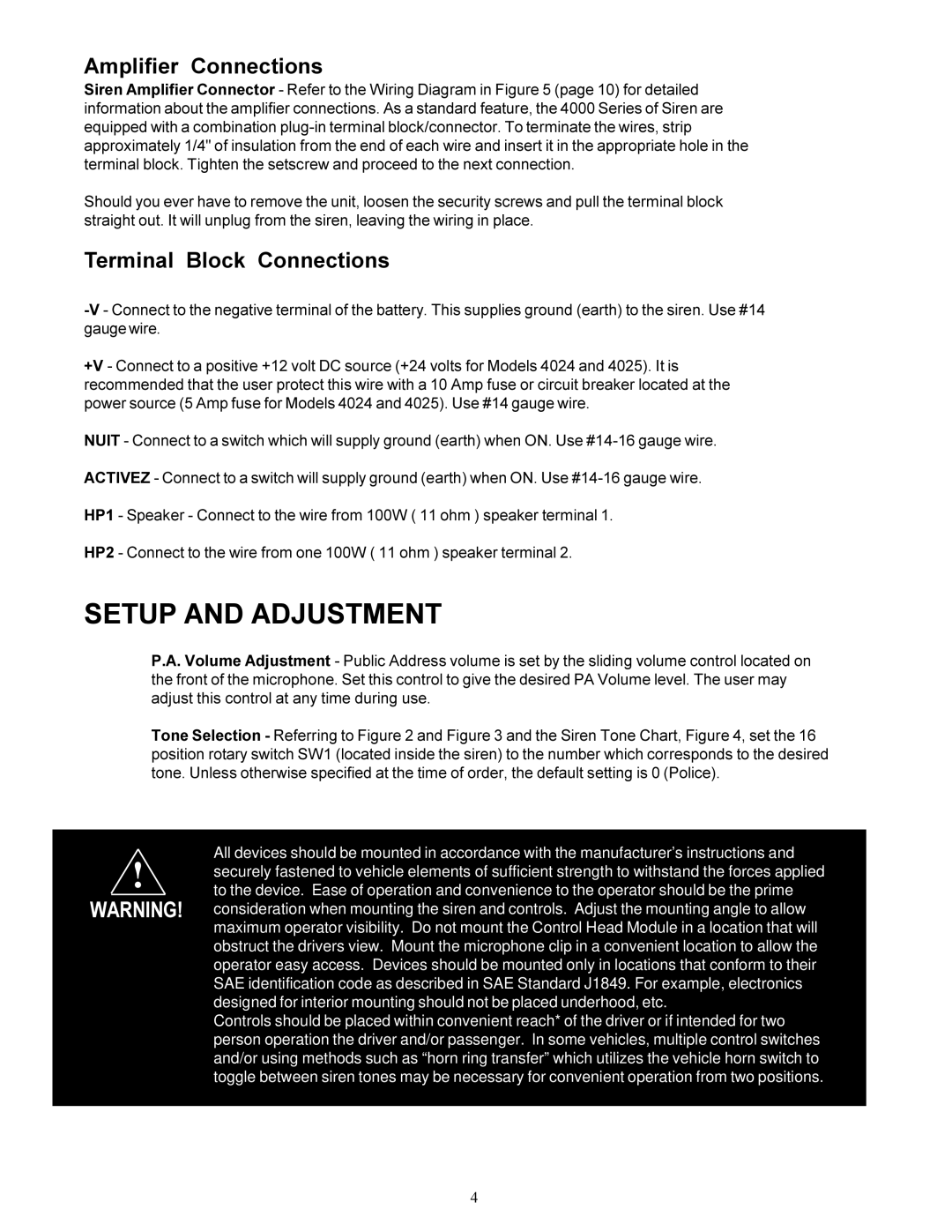 Bosch Appliances 4000 operation manual Setup and Adjustment, Amplifier Connections 