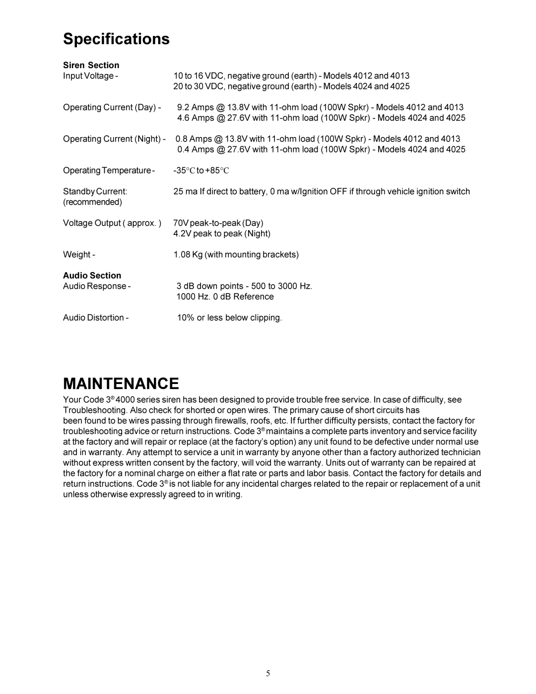 Bosch Appliances 4000 operation manual Specifications, Maintenance 