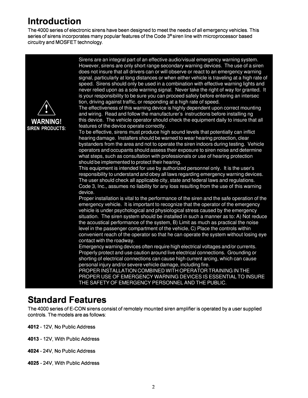 Bosch Appliances 4000 operation manual Introduction, Standard Features, Siren Products 