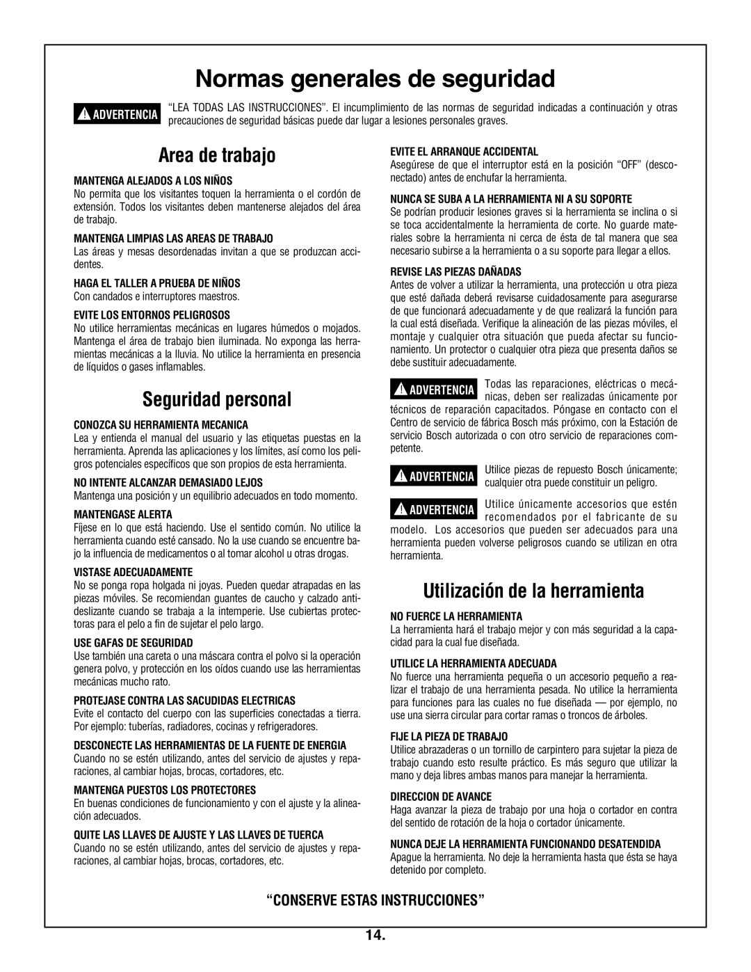 Bosch Appliances 4100 Normas generales de seguridad, Area de trabajo, Seguridad personal, Utilización de la herramienta 