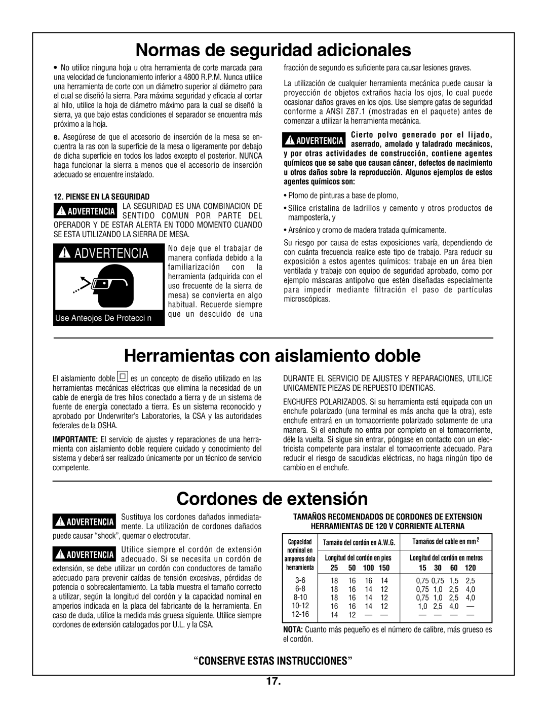 Bosch Appliances 4100DG, 4100-09 manual Herramientas con aislamiento doble, Cordones de extensión, Piense EN LA Seguridad 