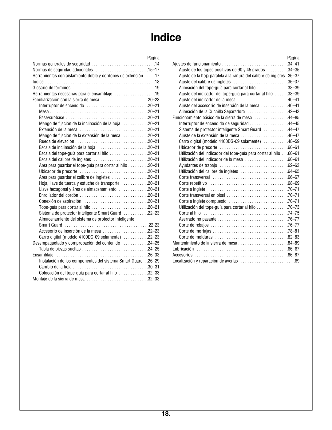 Bosch Appliances 4100DG, 4100-09 manual Indice, Ajuste de los topes positivos de 90 y 45 grados 34-35 