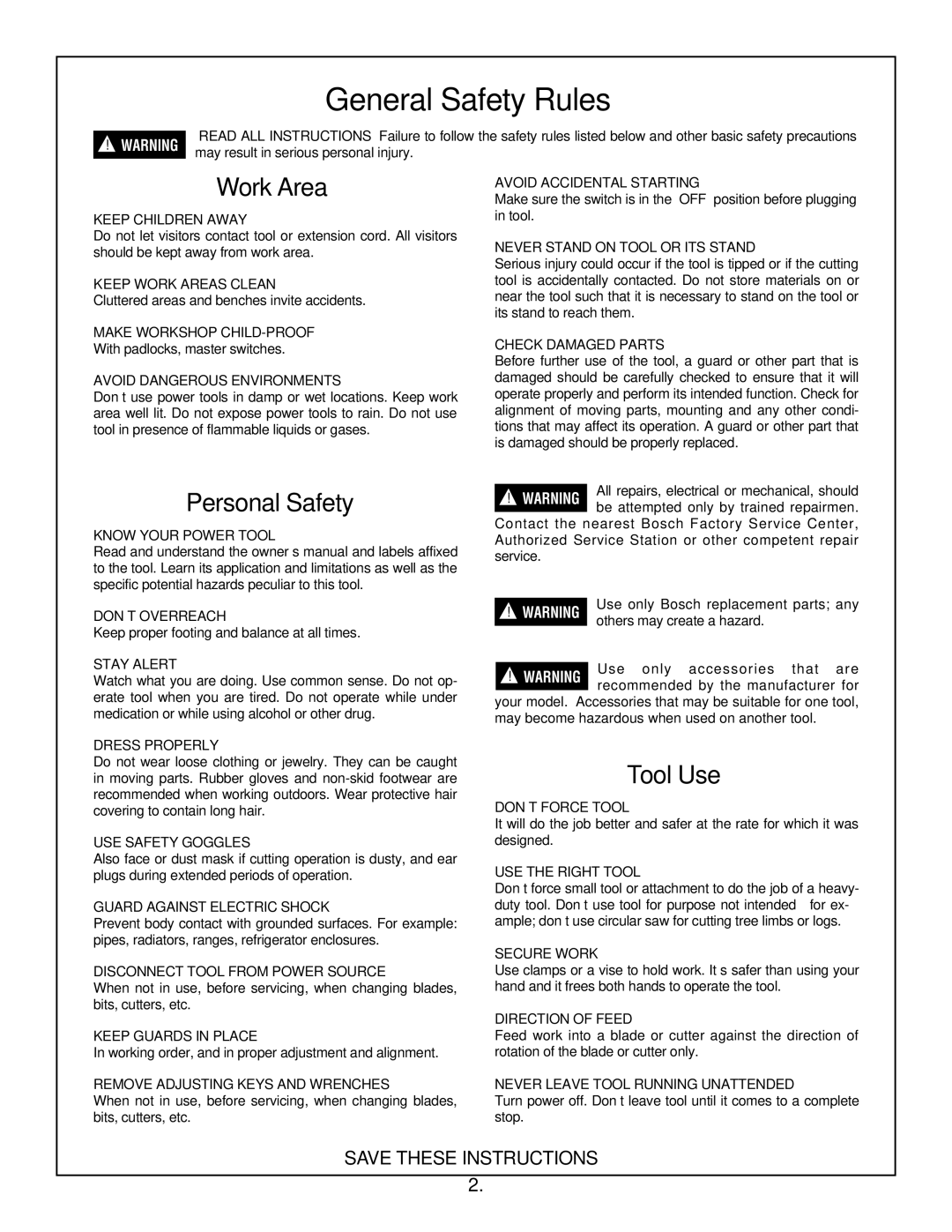 Bosch Appliances 4100DG, 4100-09 manual General Safety Rules, Work Area, Personal Safety, Tool Use 