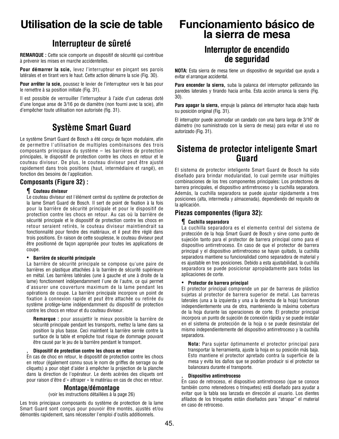 Bosch Appliances 4100DG, 4100-09 Funcionamiento básico de La sierra de mesa, Interrupteur de sûreté, Système Smart Guard 