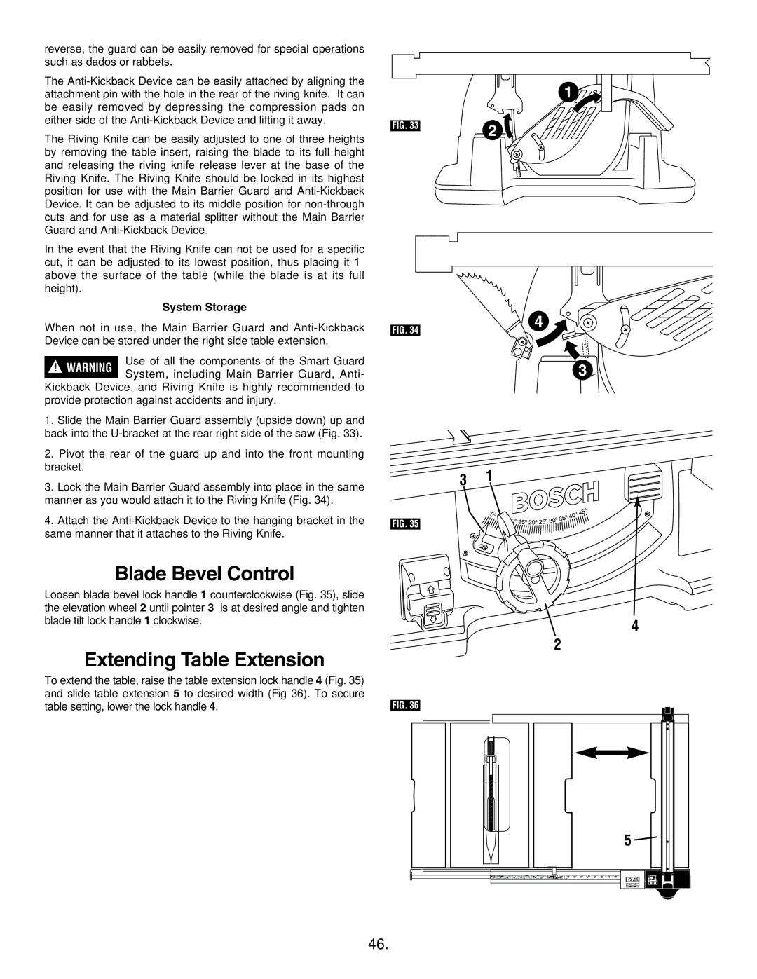 Bosch Appliances 4100-09, 4100DG manual Blade Bevel Control, Extending Table Extension, System Storage 