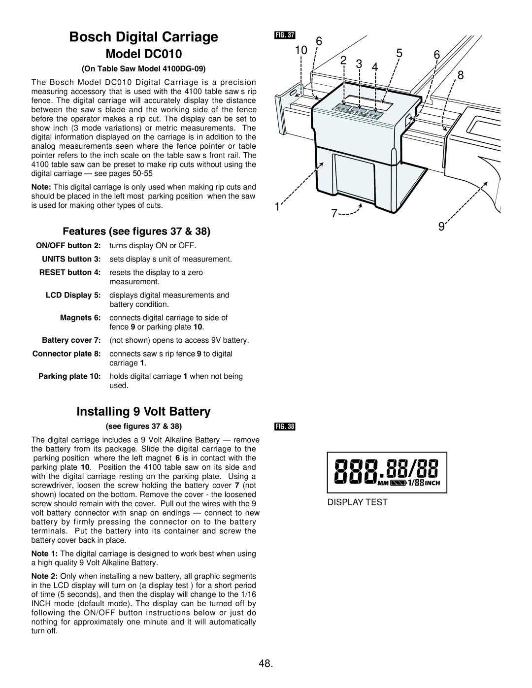 Bosch Appliances 4100DG, 4100-09 Bosch Digital Carriage, Model DC010, Installing 9 Volt Battery, Features see figures 37 