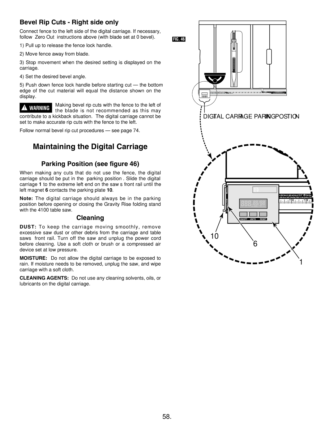 Bosch Appliances 4100-09 Maintaining the Digital Carriage, Bevel Rip Cuts Right side only, Parking Position see figure 