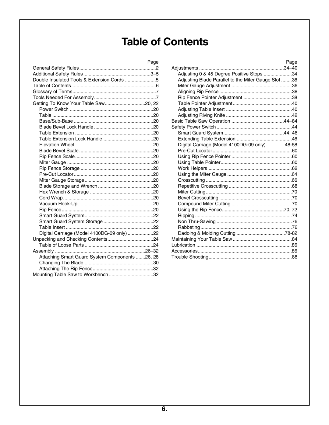 Bosch Appliances 4100DG, 4100-09 manual Table of Contents 