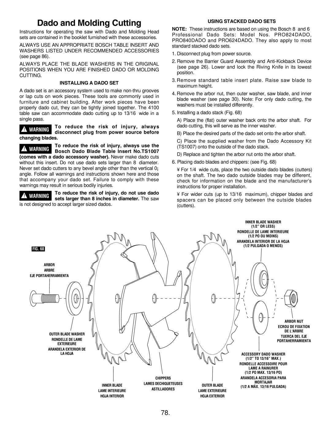 Bosch Appliances 4100DG Dado and Molding Cutting, Installing a Dado SET, To reduce the risk of injury, do not use dado 