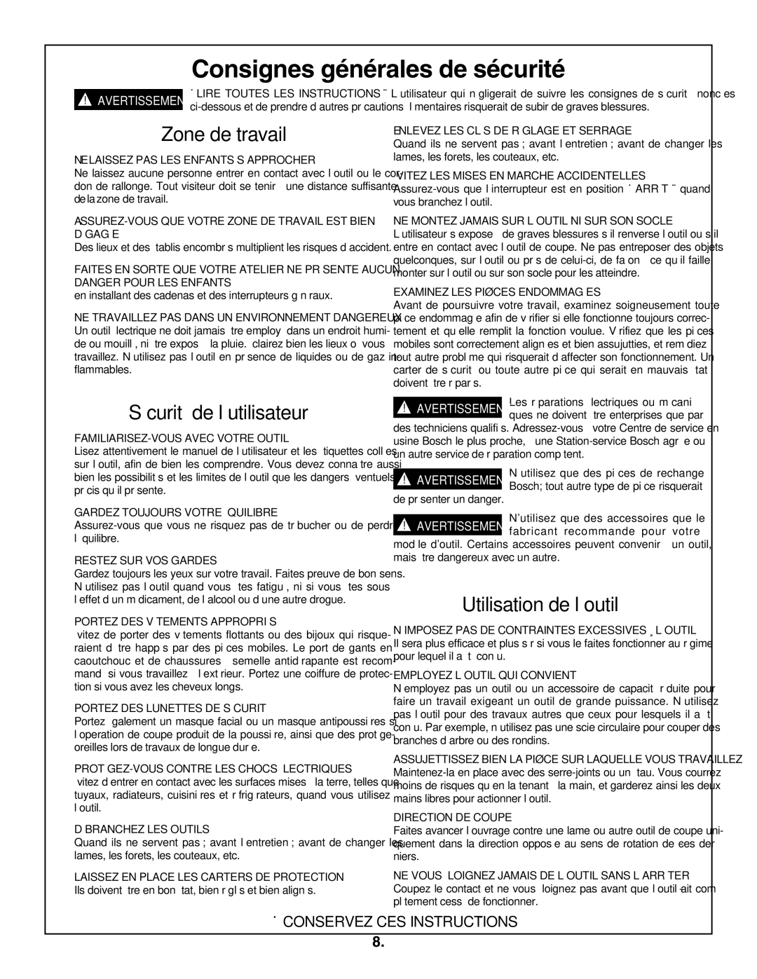 Bosch Appliances 4100 Consignes générales de sécurité, Zone de travail, Sécurité de l’utilisateur, Utilisation de l’outil 