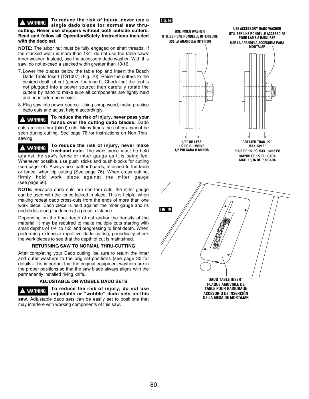 Bosch Appliances 4100DG, 4100-09 manual Returning SAW to Normal THRU-CUTTING, Adjustable or Wobble Dado Sets 