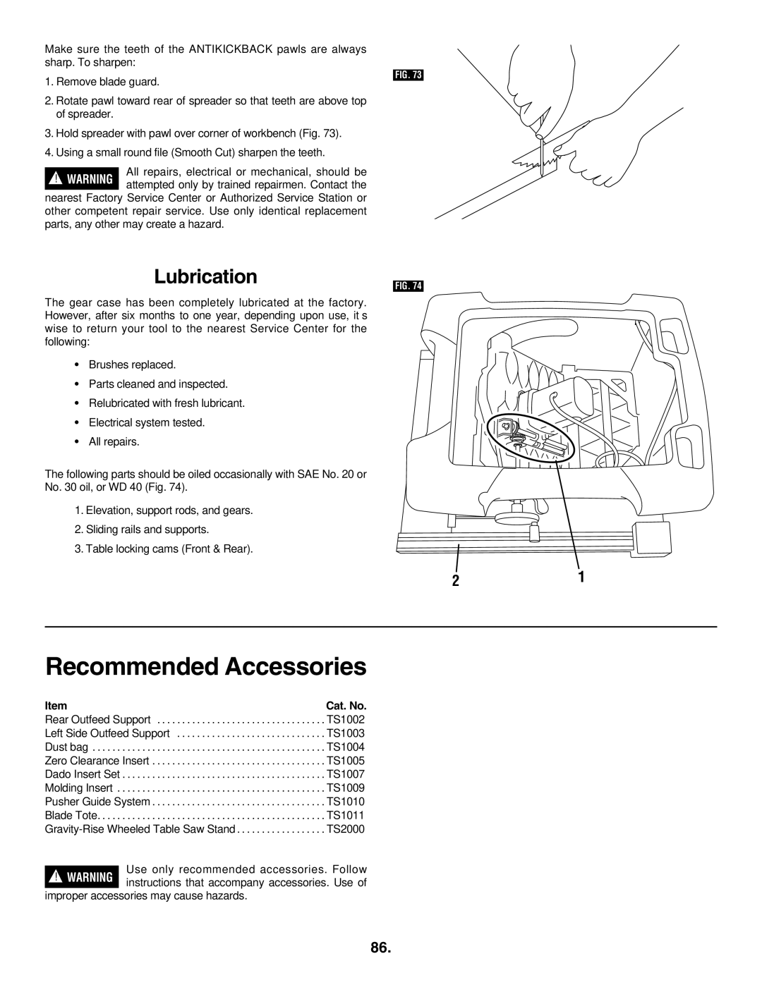 Bosch Appliances 4100DG manual Recommended Accessories, Lubrication, Cat. No, Use only recommended accessories. Follow 