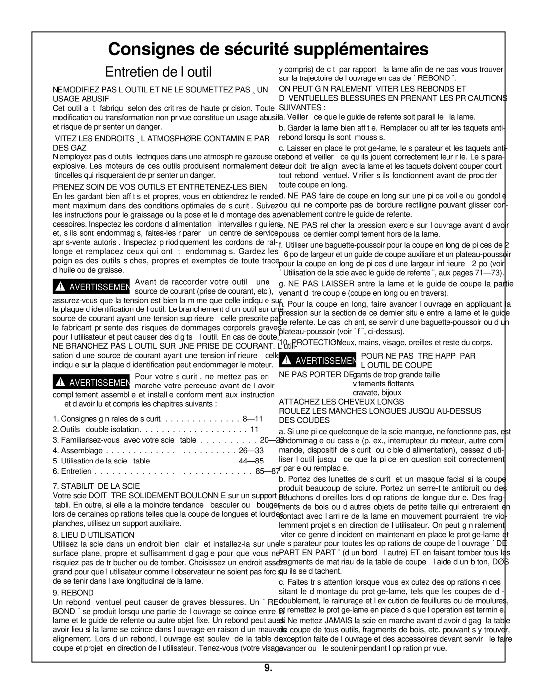 Bosch Appliances 4100DG, 4100-09 manual Consignes de sécurité supplémentaires, Entretien de l’outil 