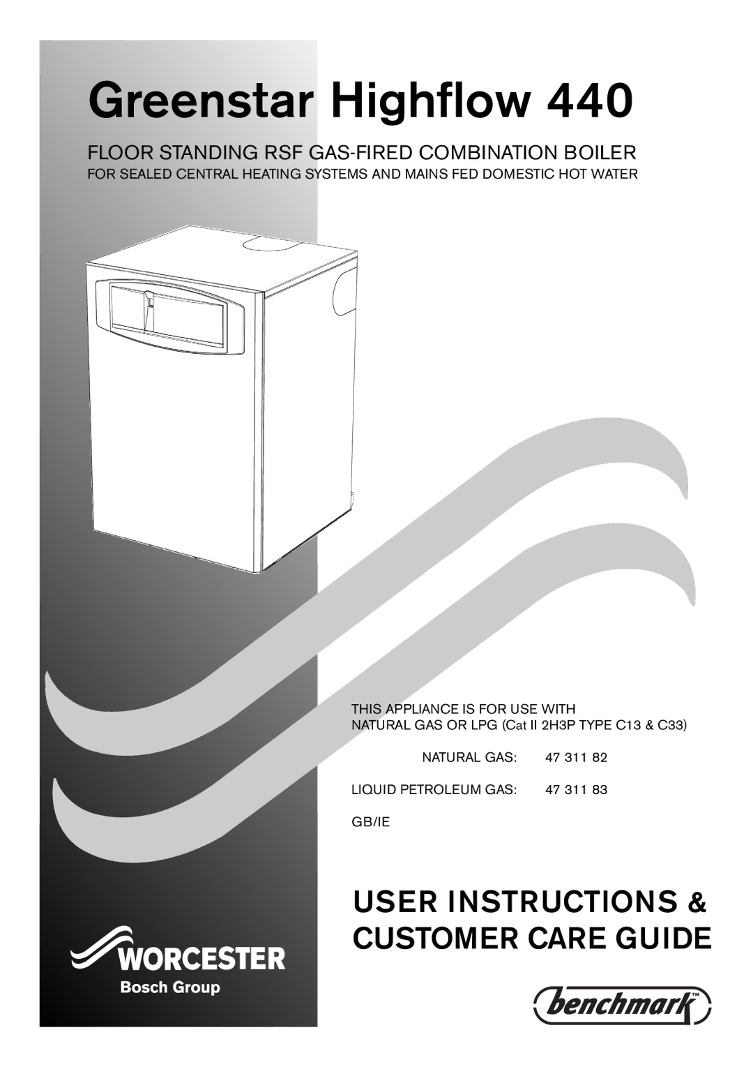 Bosch Appliances 440 manual Natural GAS or LPG Cat II 2H3P Type C13 & C33, 47 311, Gb/Ie 