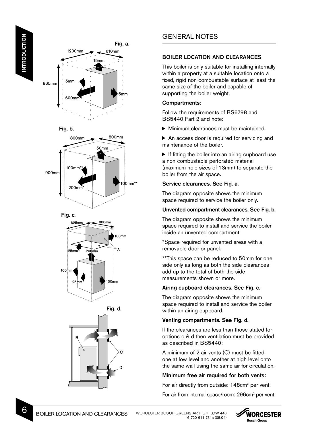 Bosch Appliances 440 manual Fig. a, Boiler Location and Clearances 