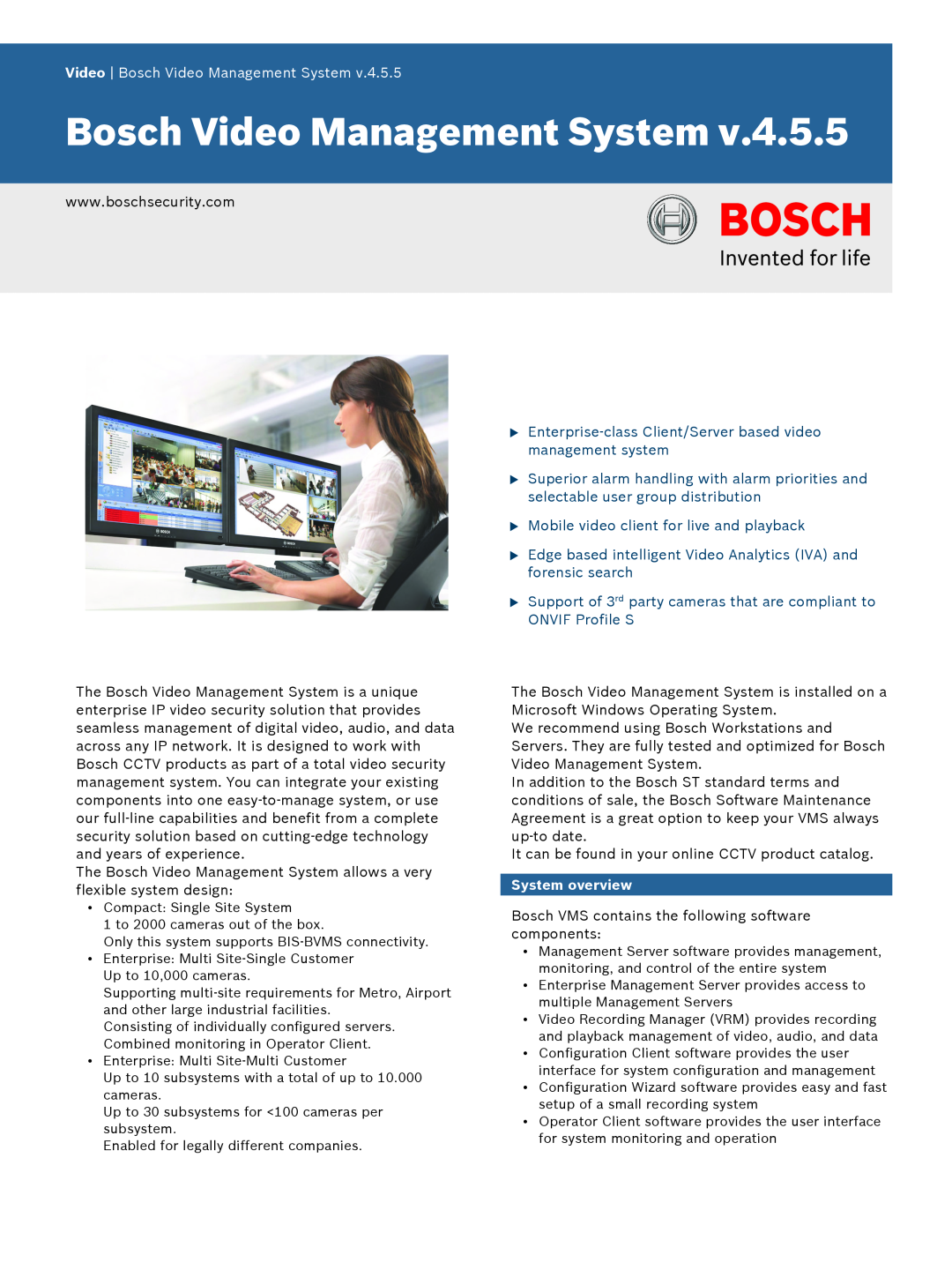 Bosch Appliances 4.5.5 manual Video Bosch Video Management System, System overview 