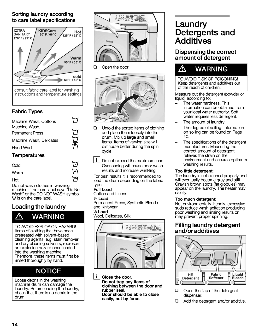 Bosch Appliances 500 Plus Series manual Laundry Detergents and Additives, d WARNING 