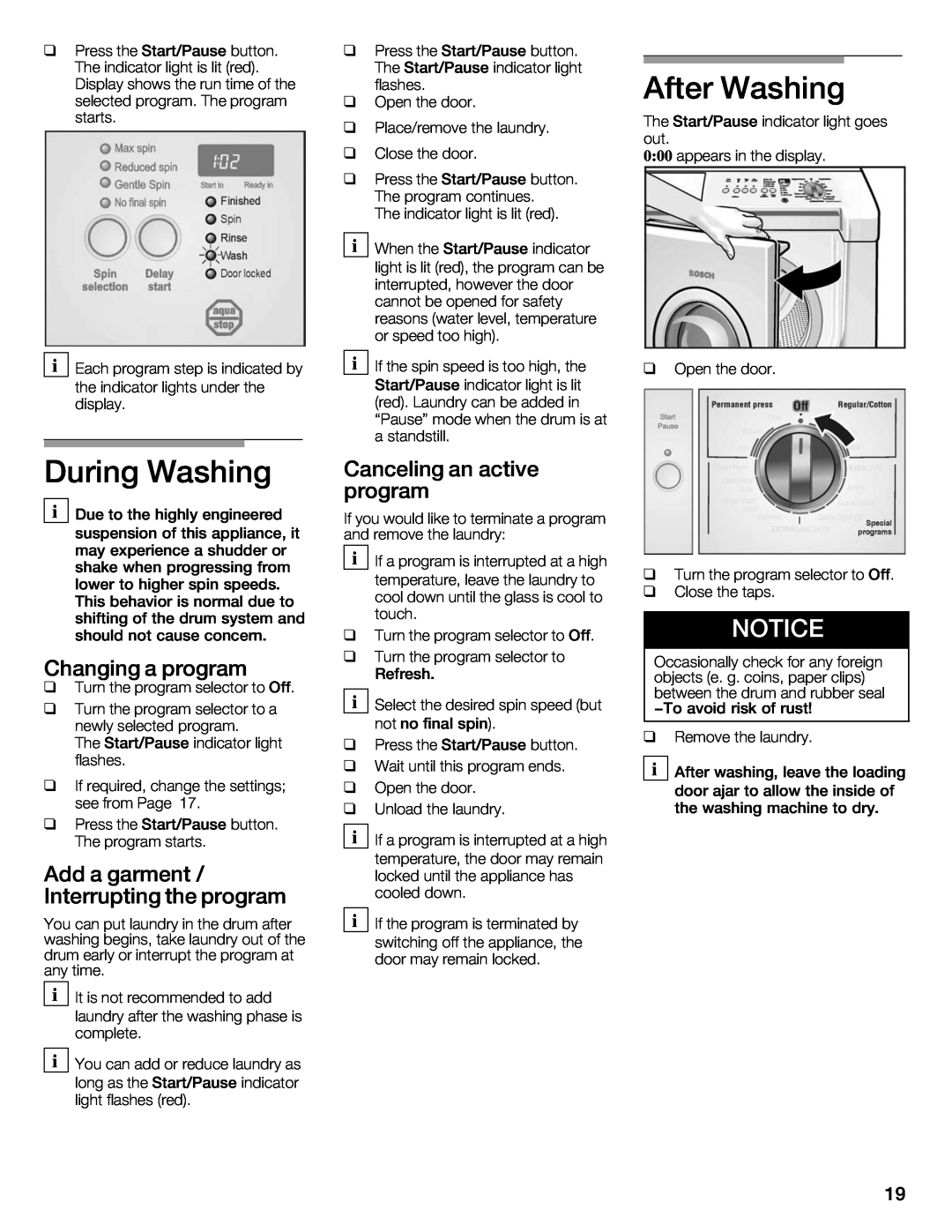 Bosch Appliances 500 Plus Series manual After Washing, During Washing, Canceling an active, Changing a program 