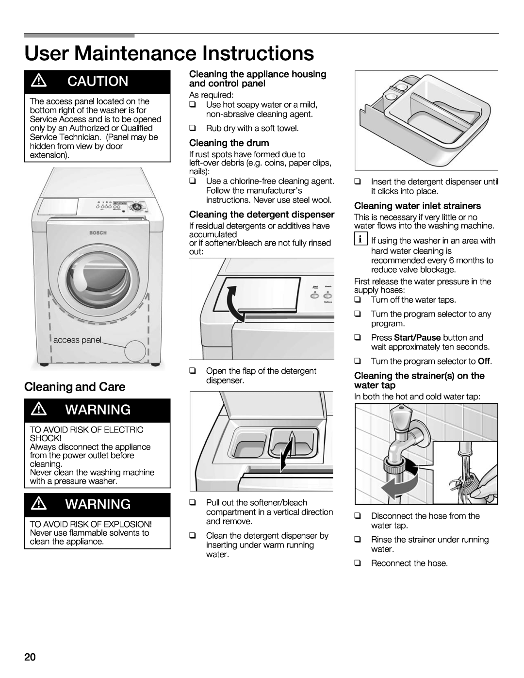 Bosch Appliances 500 Plus Series manual User Maintenance Instructions, d CAUTION, d WARNING, Cleaning and Care 