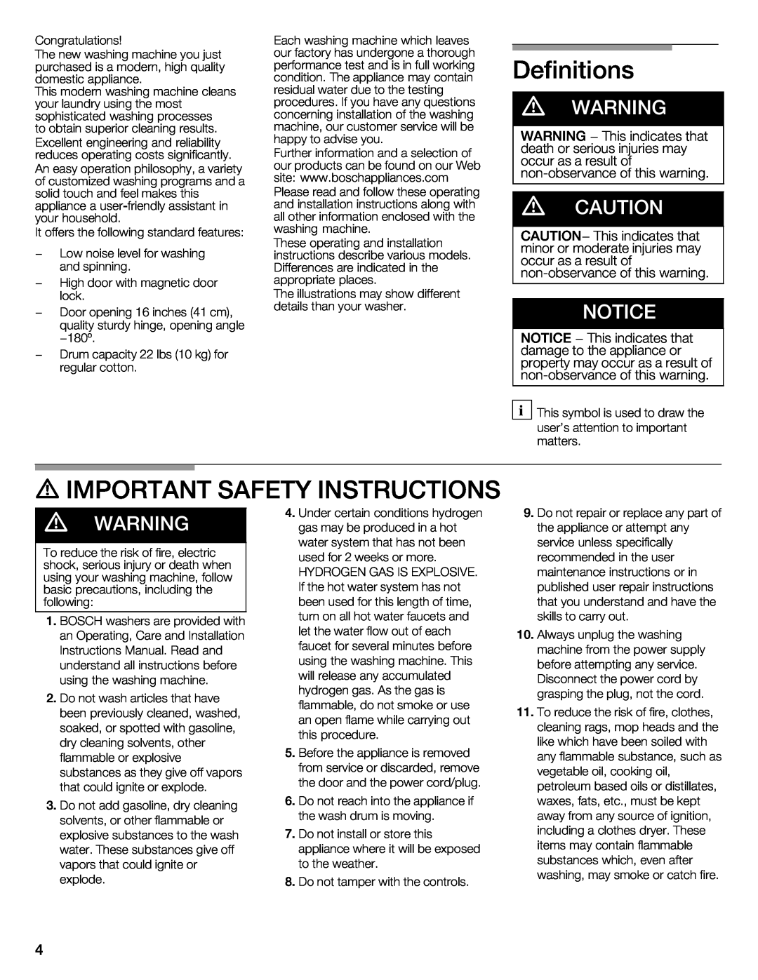 Bosch Appliances 500 Plus Series manual Definitions, d IMPORTANT SAFETY INSTRUCTIONS, d WARNING 