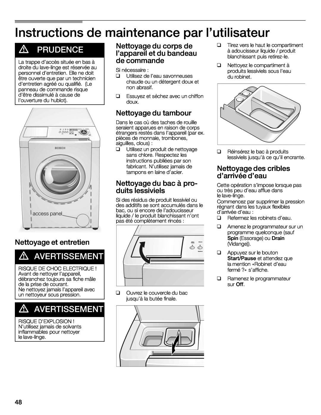 Bosch Appliances 500 Plus Series manual Instructions de, maintenance par lutilisateur, d PRUDENCE, d AVERTISSEMENT 