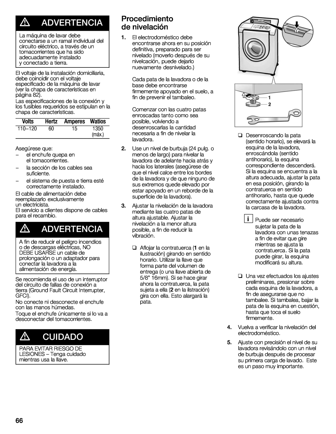 Bosch Appliances 500 Plus Series manual d CUIDADO, d ADVERTENCIA Procedimiento denivelación, Hertz 