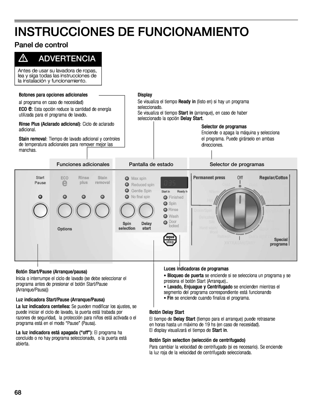 Bosch Appliances 500 Plus Series manual Instrucciones De Funcionamiento, d ADVERTENCIA, Panel de control 
