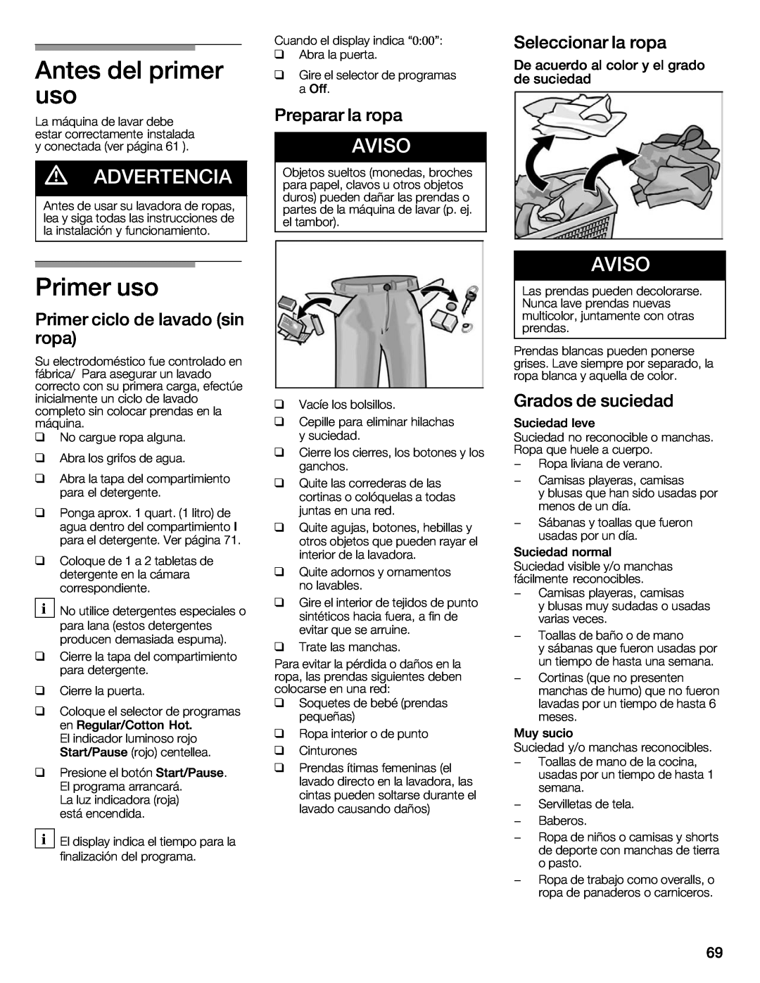 Bosch Appliances 500 Plus Series manual Antes, primer, Primer uso, Aviso, d ADVERTENCIA 