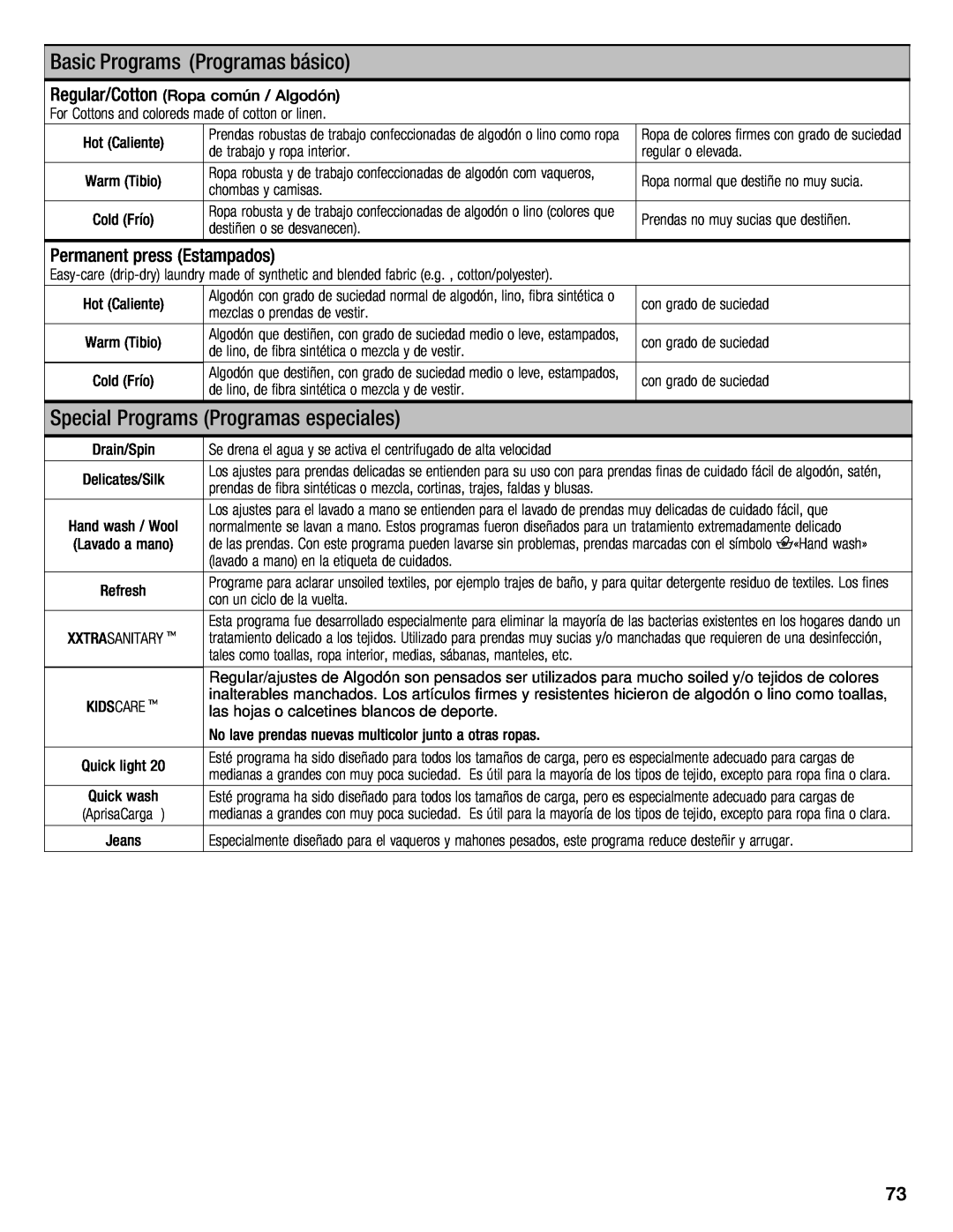 Bosch Appliances 500 Plus Series manual Programs, Programas, básico, Permanent press Estampados, especiales 