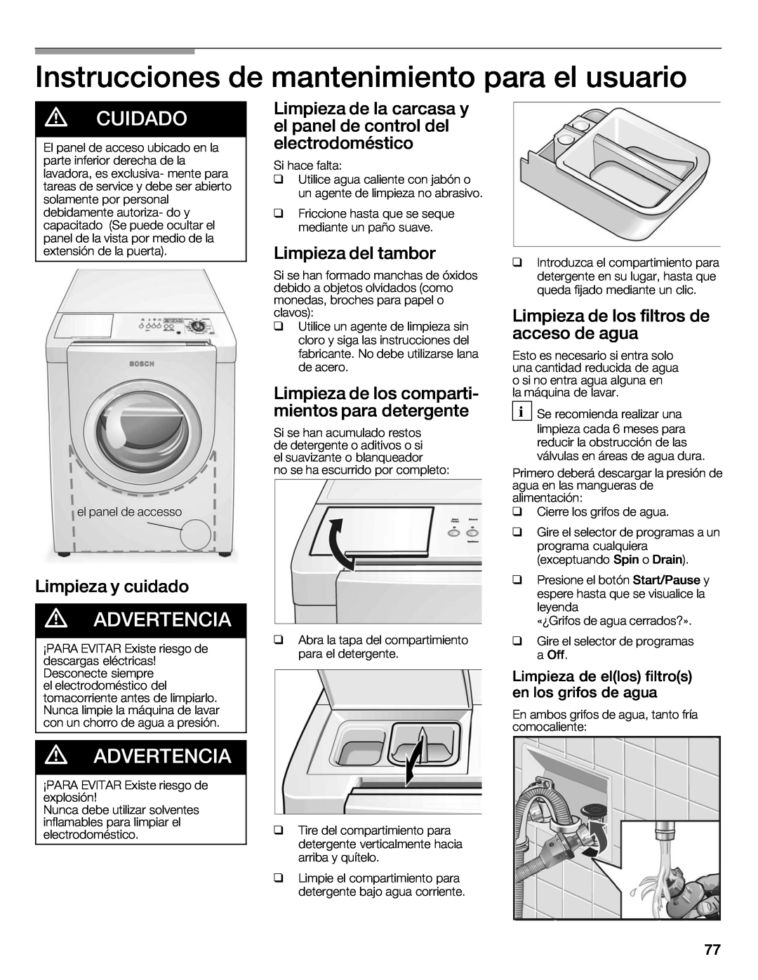 Bosch Appliances 500 Plus Series manual Instrucciones, mantenimiento, para, el usuario, Cuidado, d ADVERTENCIA 