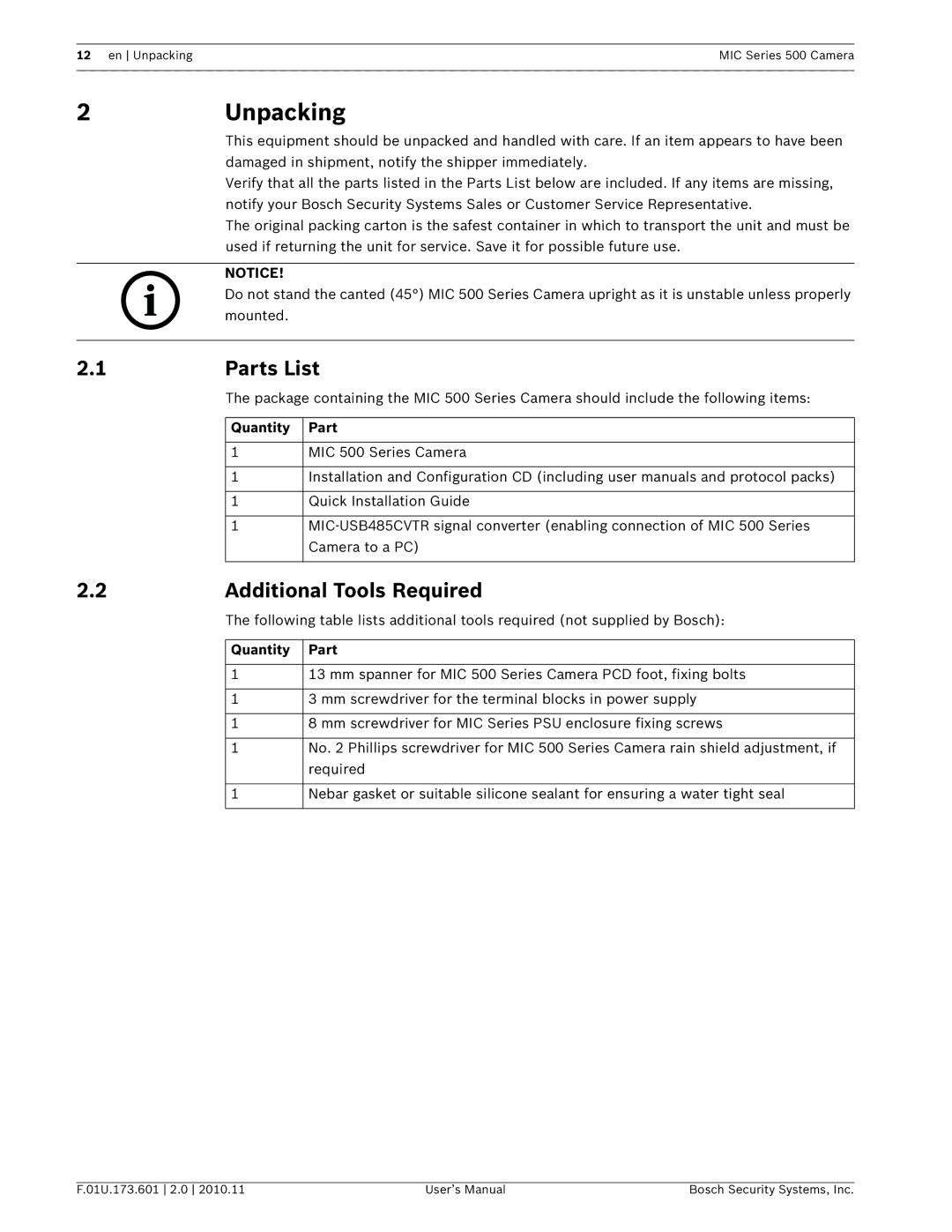 Bosch Appliances 500 user manual Unpacking, Parts List, Additional Tools Required, Quantity Part 