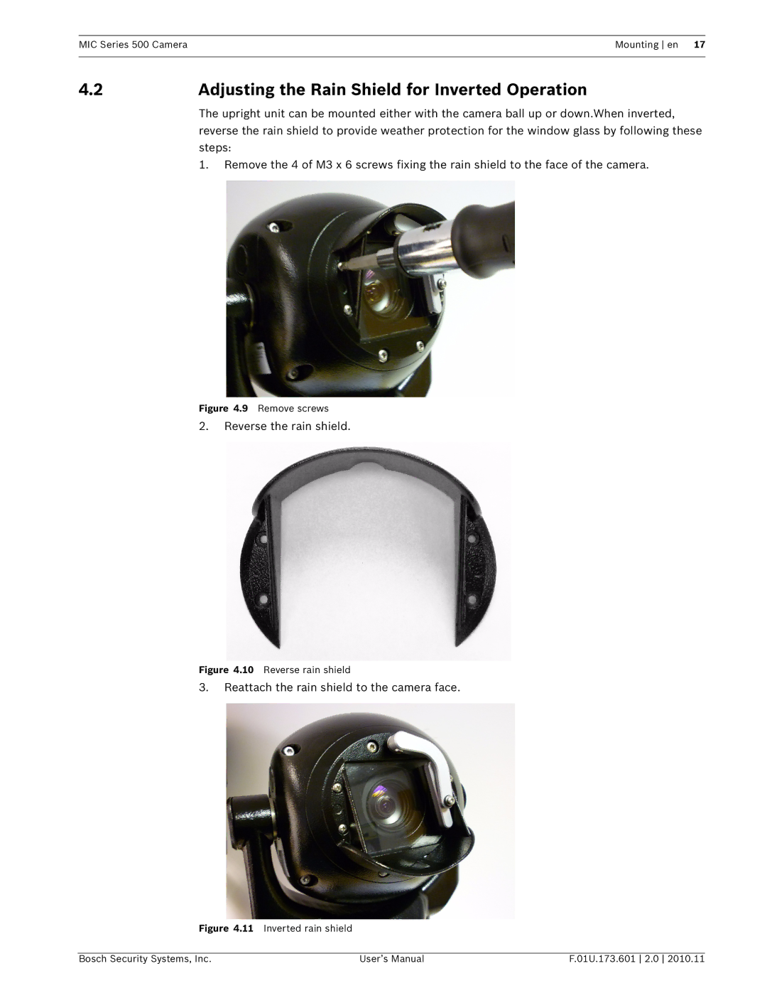 Bosch Appliances 500 user manual Adjusting the Rain Shield for Inverted Operation, Remove screws 