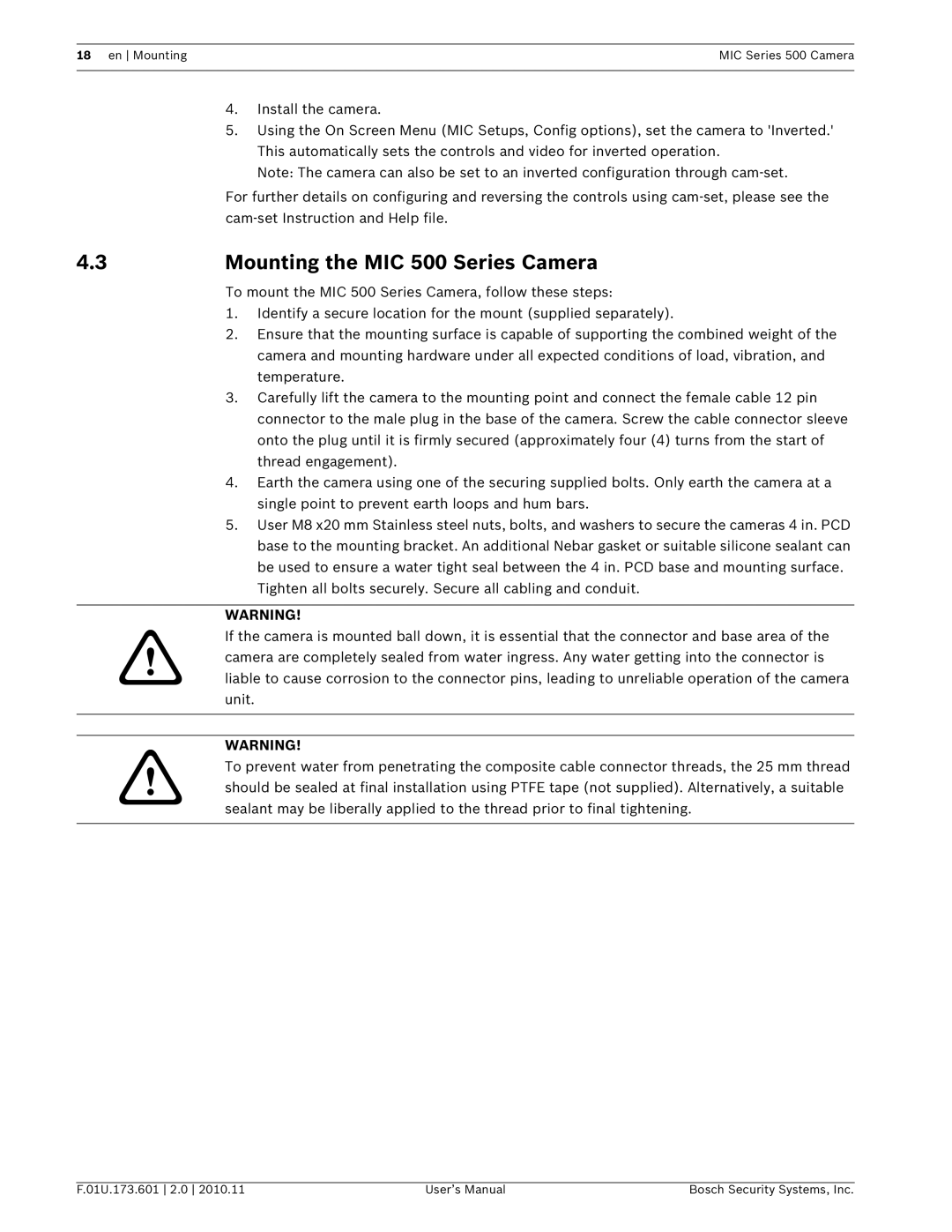 Bosch Appliances user manual Mounting the MIC 500 Series Camera 