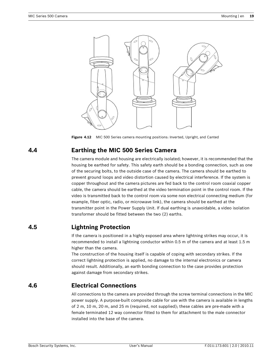 Bosch Appliances user manual Earthing the MIC 500 Series Camera, Lightning Protection, Electrical Connections 