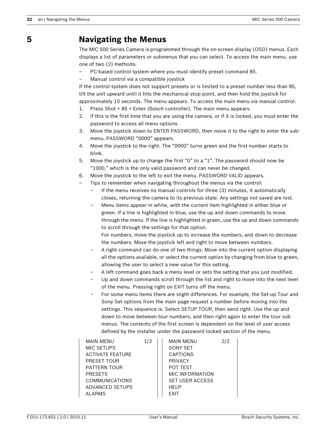 Bosch Appliances 500 user manual Navigating the Menus 