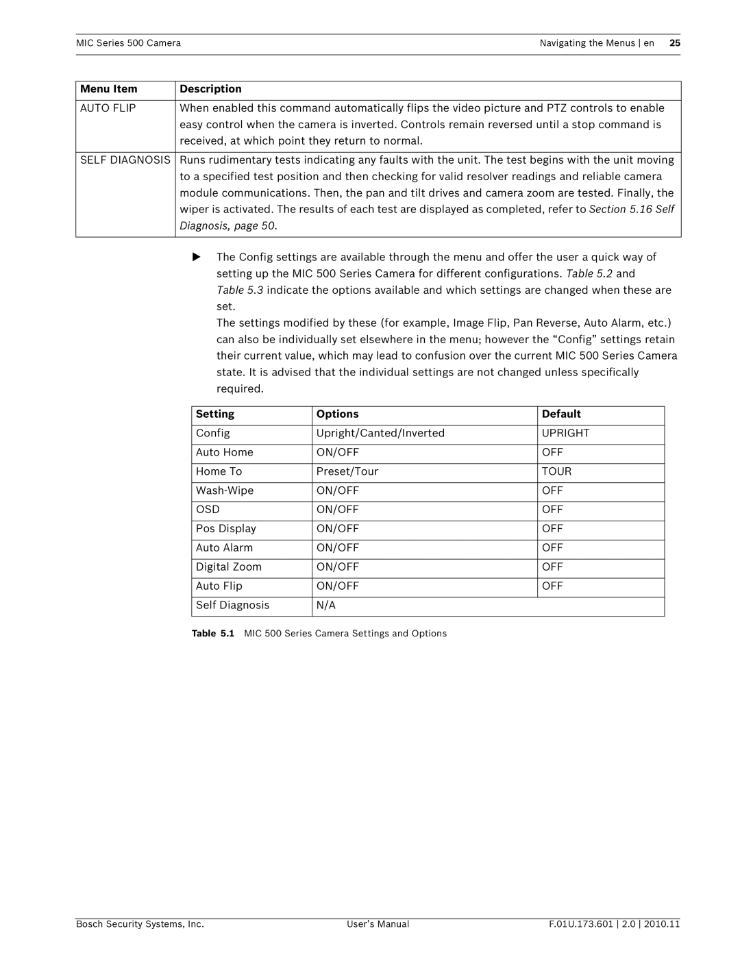 Bosch Appliances 500 user manual Setting Options Default, Tour, On/Off Osd 