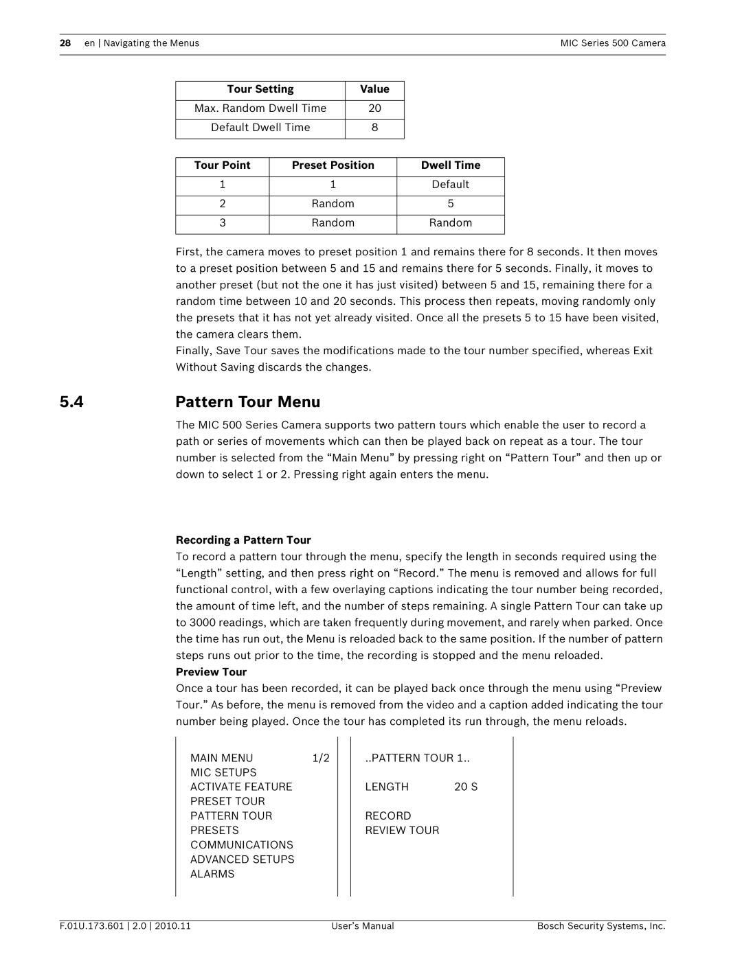 Bosch Appliances 500 Pattern Tour Menu, Tour Point Preset Position Dwell Time, Recording a Pattern Tour, Preview Tour 