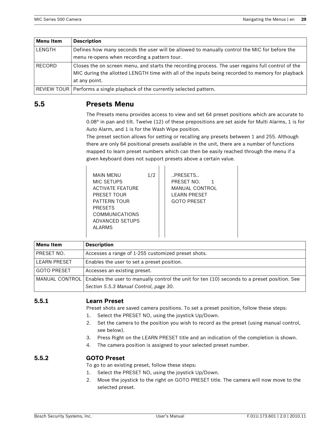 Bosch Appliances 500 user manual 5Presets Menu, Learn Preset, Goto Preset 