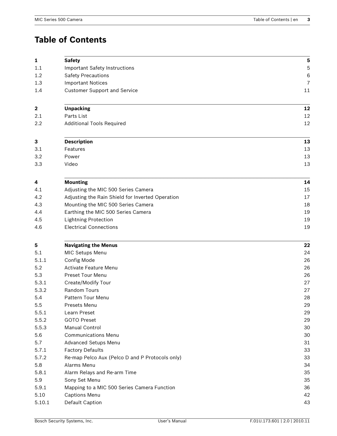 Bosch Appliances 500 user manual Table of Contents 