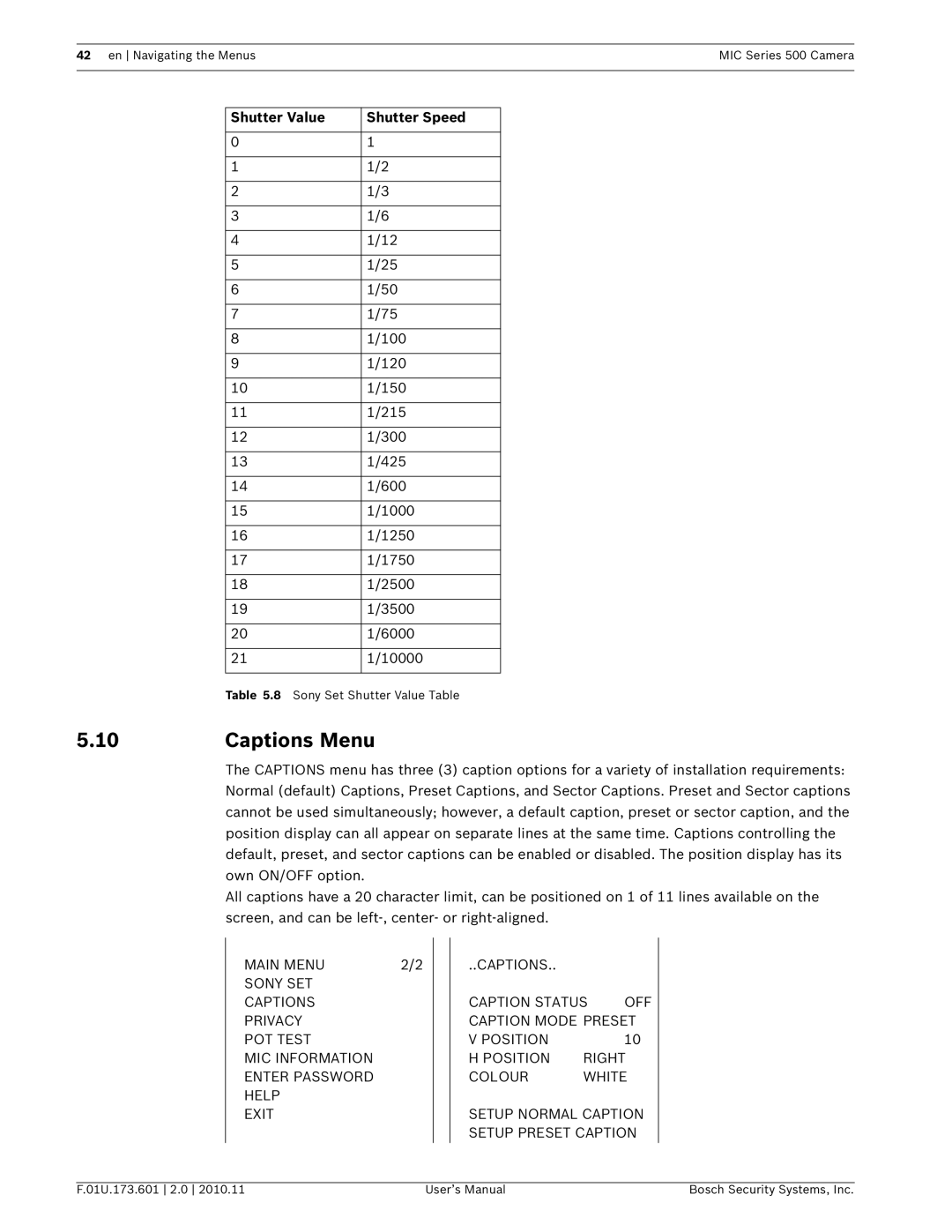 Bosch Appliances 500 user manual Captions Menu, Shutter Value Shutter Speed 