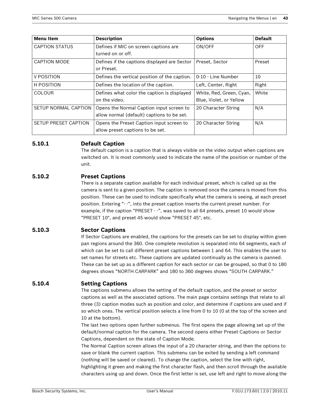 Bosch Appliances 500 user manual Default Caption, Preset Captions, Sector Captions, 10.4Setting Captions 