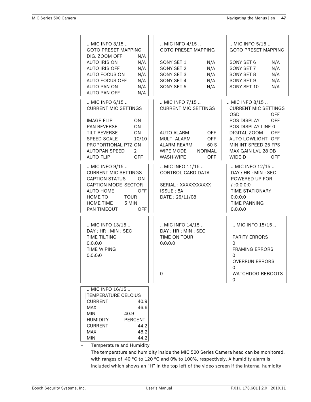 Bosch Appliances 500 Goto Preset Mapping Sony SET, Autopan Speed Auto Flip OFF, Time Wiping, Time Stationary Time Panning 