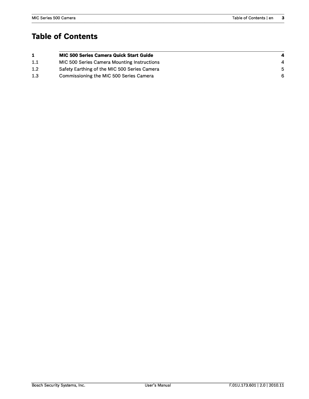 Bosch Appliances manual MIC Series 500 Camera, Table of Contents en, Bosch Security Systems, Inc, F.01U.173.601 