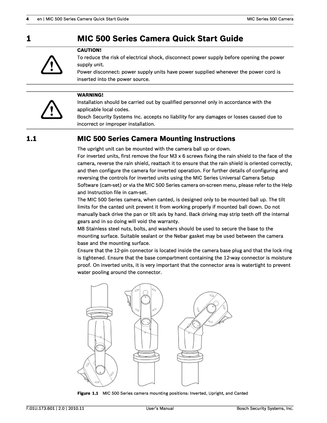 Bosch Appliances manual MIC 500 Series Camera Quick Start Guide, MIC 500 Series Camera Mounting Instructions 