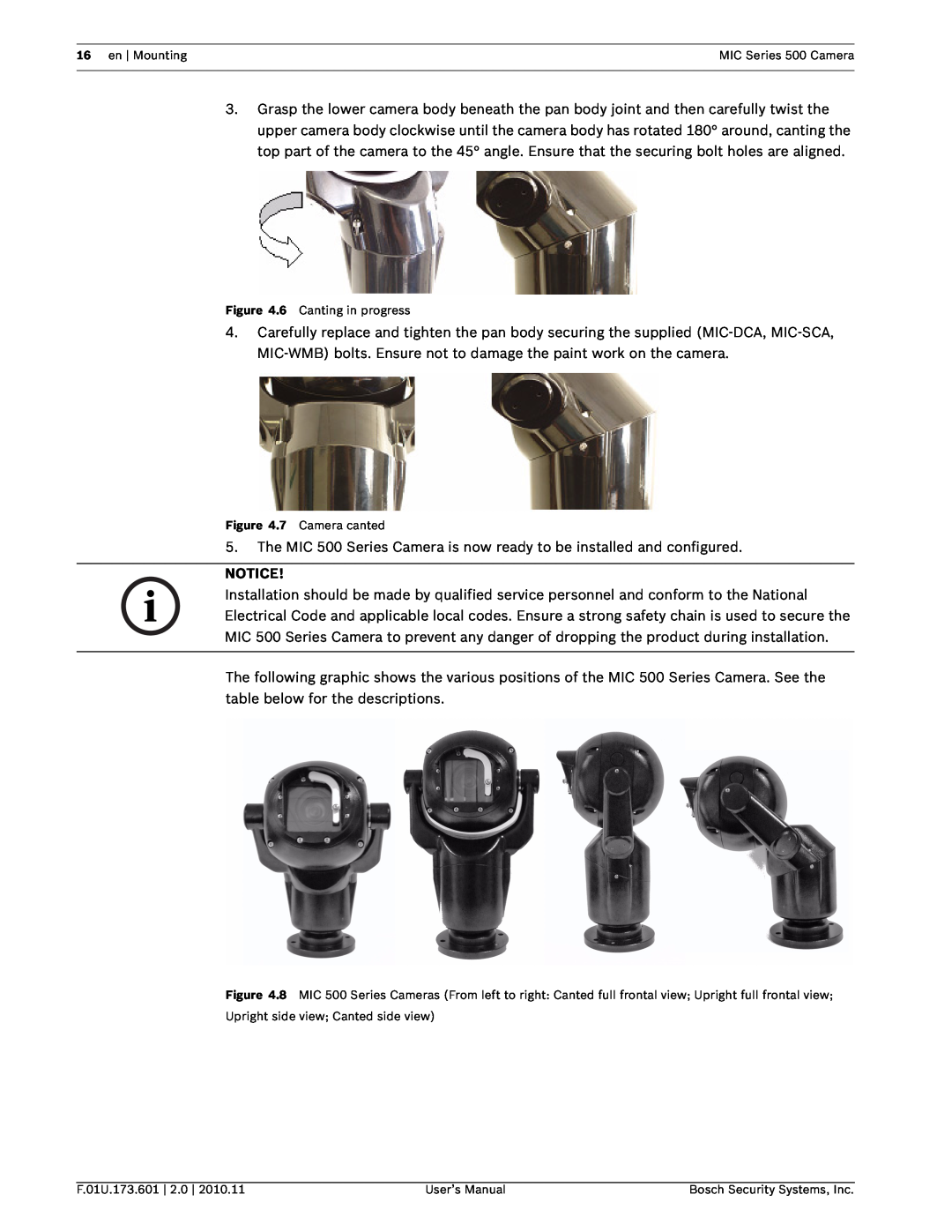 Bosch Appliances user manual en Mounting, MIC Series 500 Camera, 6 Canting in progress, 7 Camera canted, F.01U.173.601 
