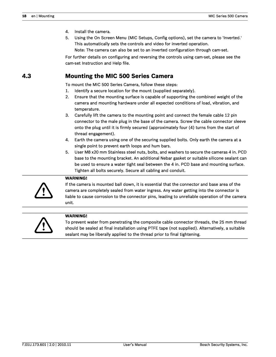 Bosch Appliances user manual Mounting the MIC 500 Series Camera 