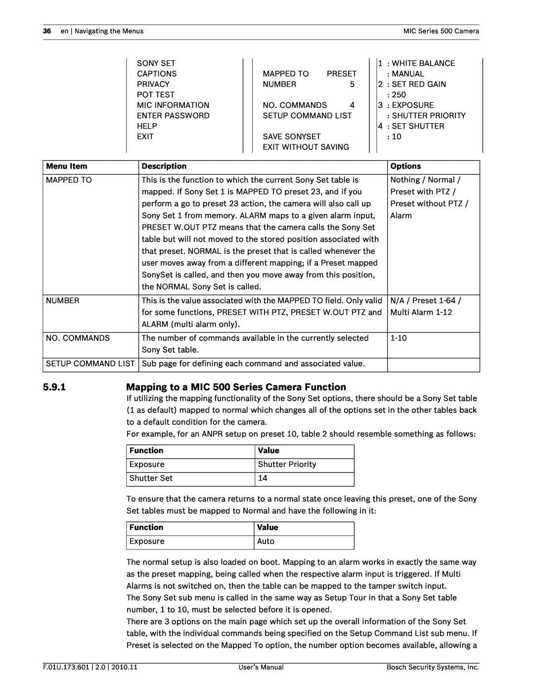 Bosch Appliances user manual 5.9.1, Mapping to a MIC 500 Series Camera Function, Menu Item, Description, Options, Value 
