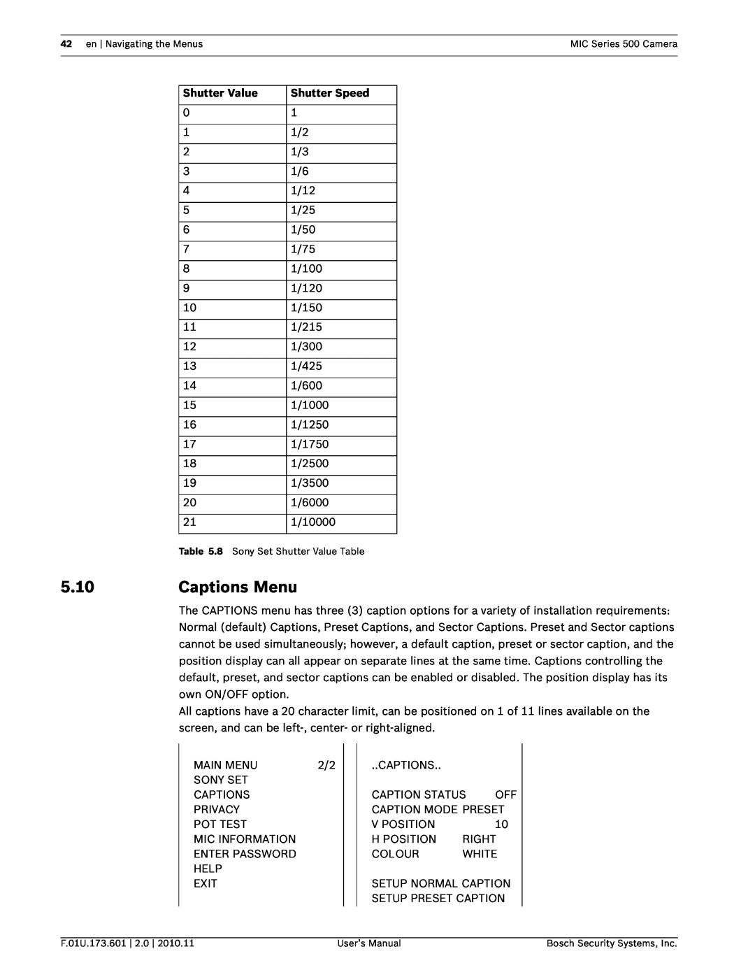 Bosch Appliances 500 user manual 5.10, Captions Menu, Shutter Value, Shutter Speed 