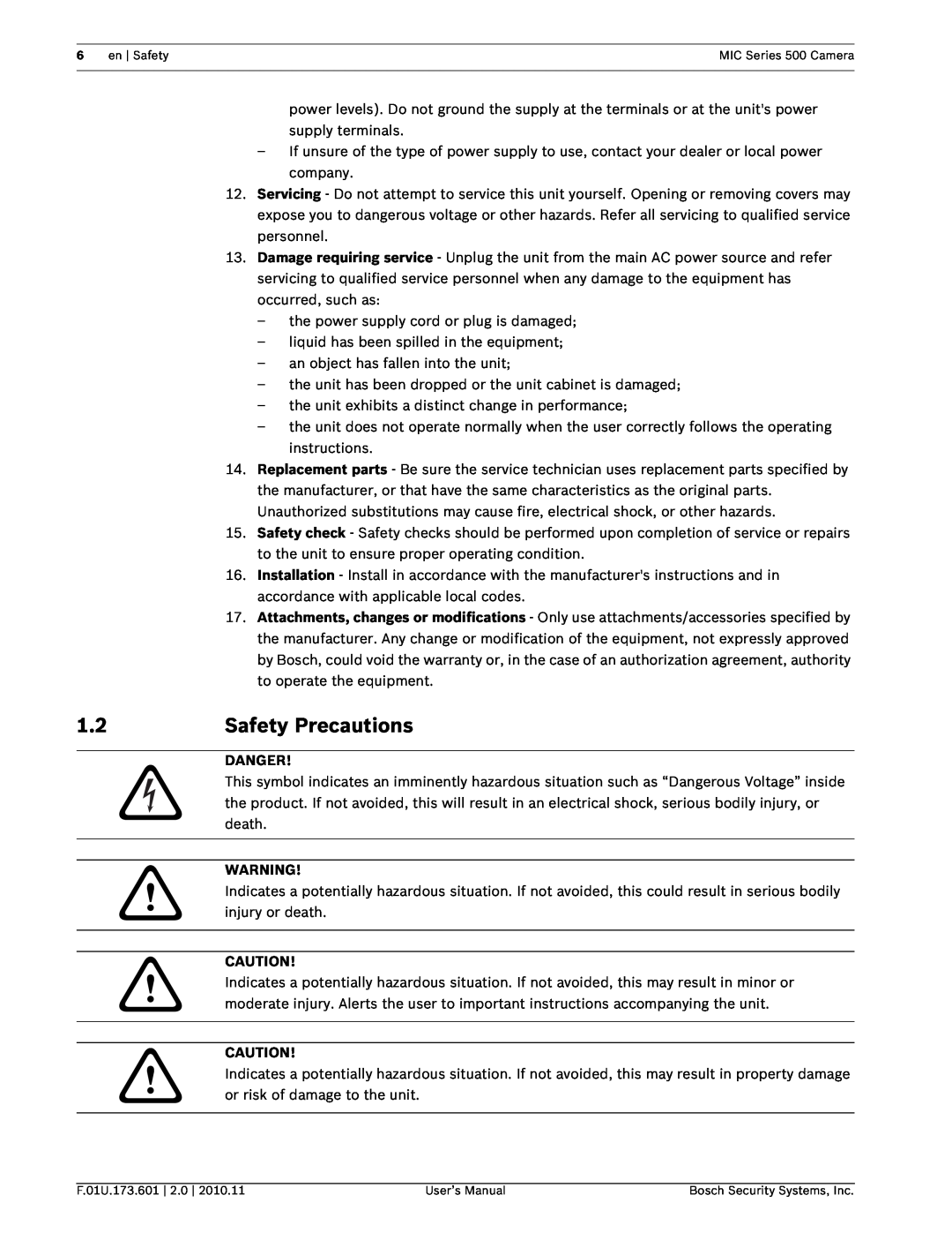 Bosch Appliances 500 user manual Safety Precautions, Danger 